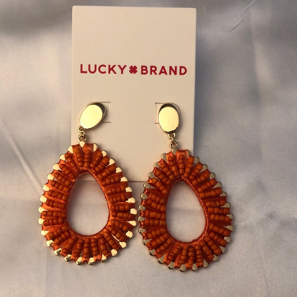 Lucky Brand Gold Tone & Woven Orange Raffia Teardrop Shaped Drop Earrings NWT